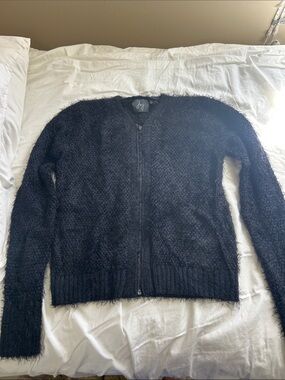 Joey Fuzzy Zip-Up Cardigan Sweater - Black